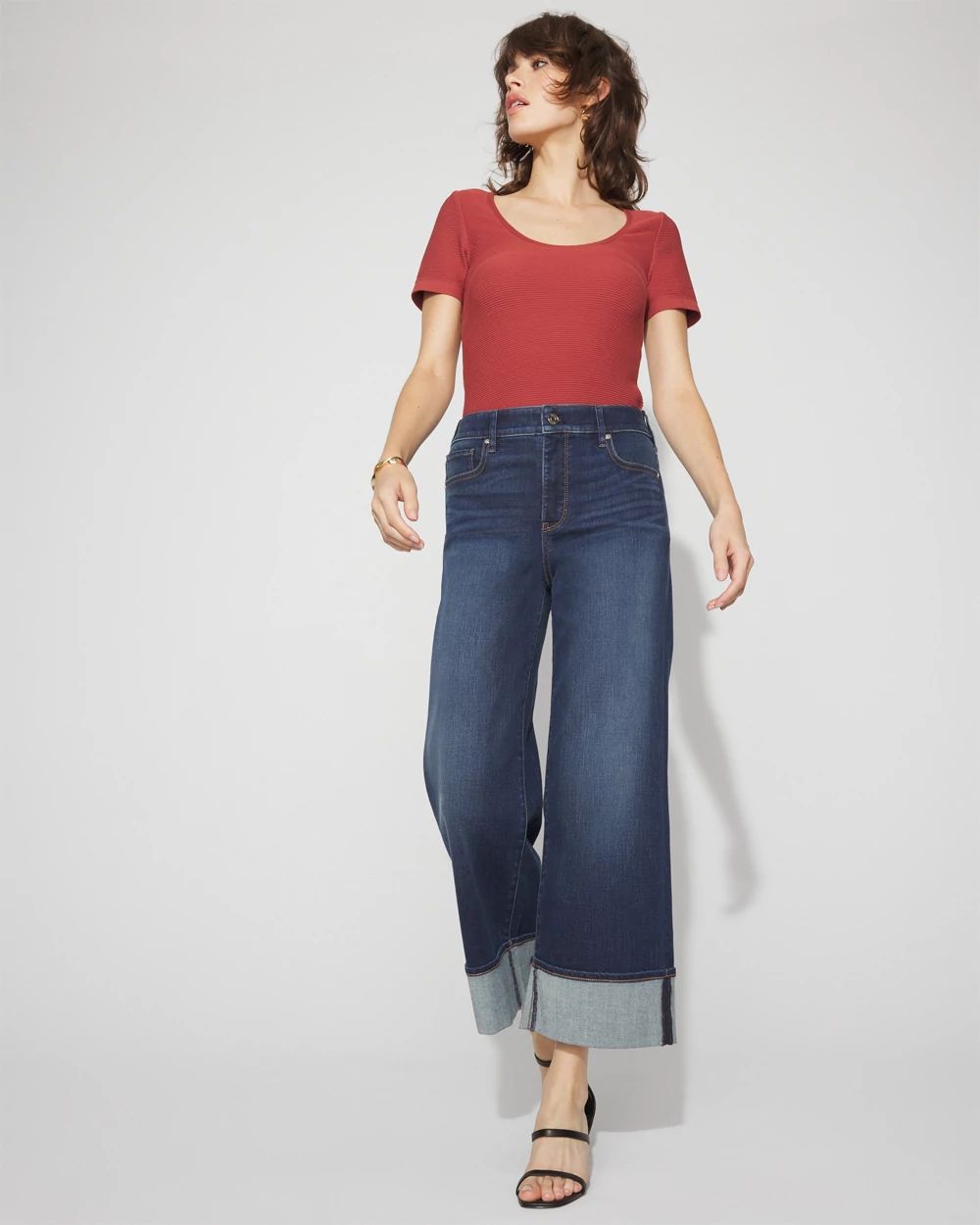 パンツ L'Appartement cropped wide denim 27 Z1975 WIDE LEG CROPPED HIGH RISE BELTED JEANS - Mid-blue